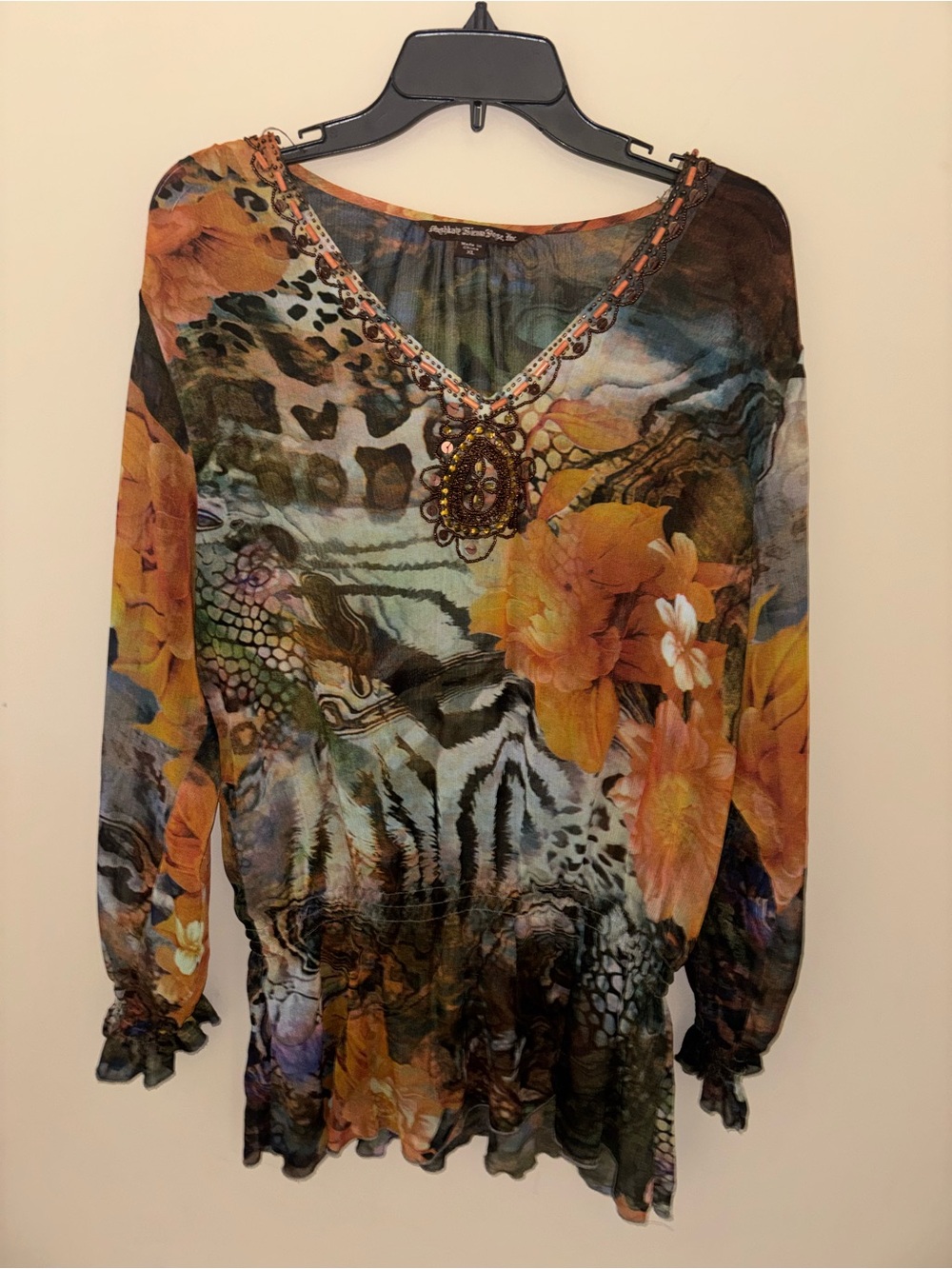 Women’s Beaded V-Neck Floral & Animal Print Long Sleeve Shirt - Orange Multi